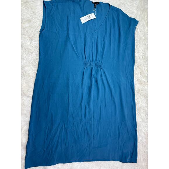 Eileen Fisher Women's 100% Silk V-Neck Relaxed Kaftan Dress Blue Size XL NWT - Picture 5 of 13